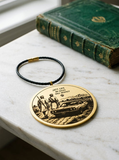 Jatt Life car hanging with a black thread, engraved in black on gold