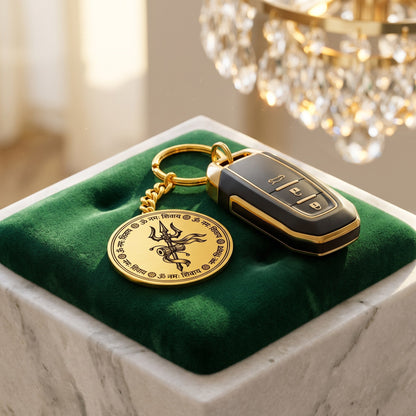 Om Namah Shivaya round gold keychain with a car key on green velvet