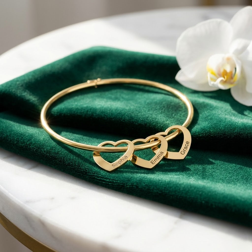 Personalized Heart Charm Bangle | Custom Engraved Family Bracelet - HayeNii