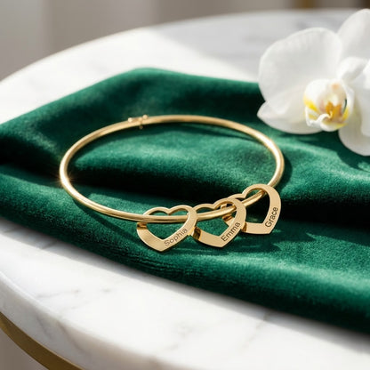 Personalized Heart Charm Bangle | Custom Engraved Family Bracelet - HayeNii