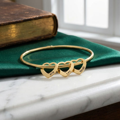 Personalized Heart Charm Bangle | Custom Engraved Family Bracelet - HayeNii